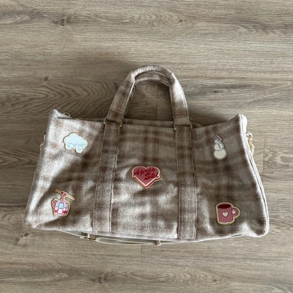 Stoney Clover Lane Beige Plaid Travel Bag with Fun Patches